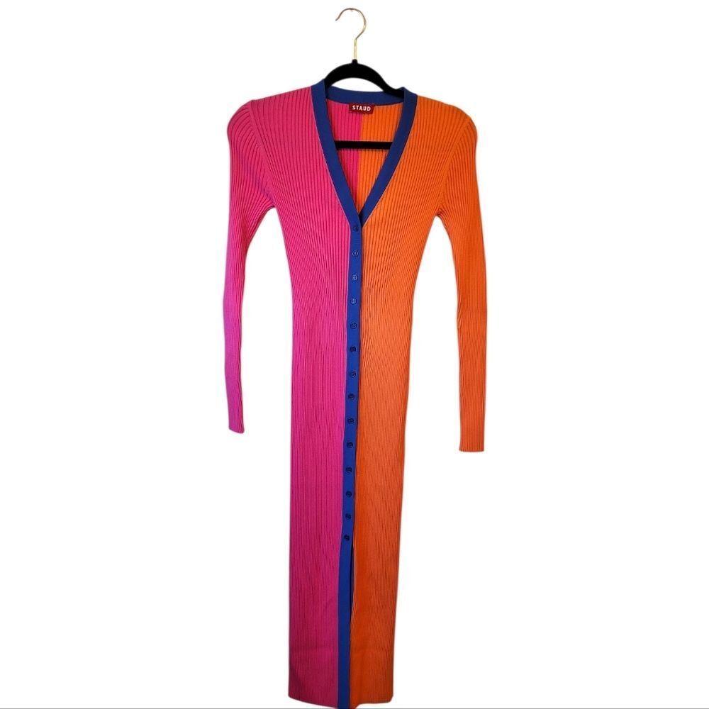 STAUD Colorblock Ribbed Midi Dress in Pink, Orange & Blue